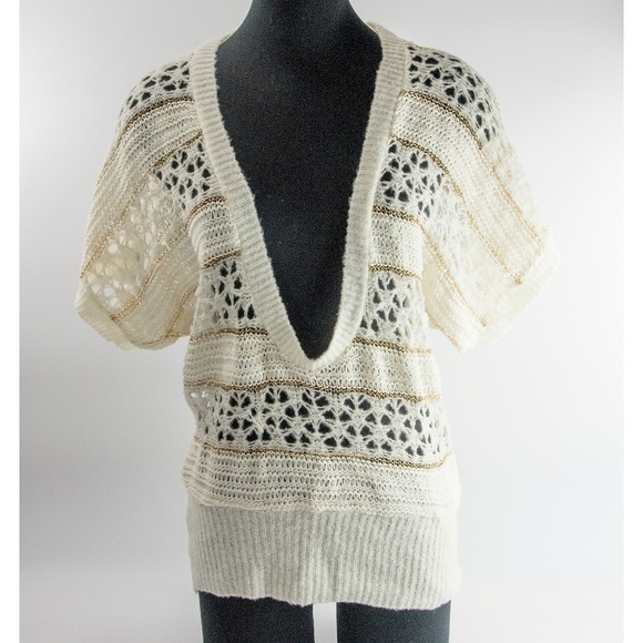 Desigual Sweaters - Desigual Gold Cream Open Knit Plunge Sweater L